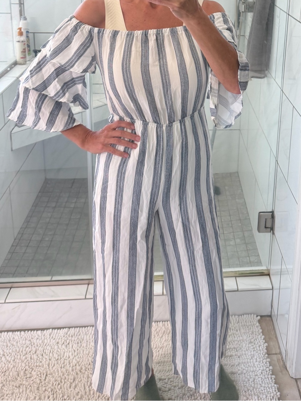 Flying Tomato White and Blue Striped Off-Shoulder Wide Leg Jumpsuit